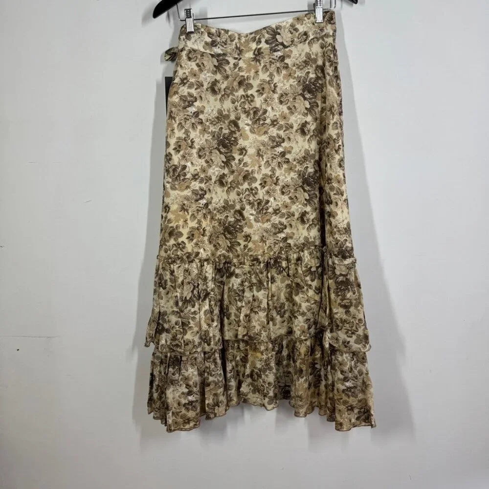 Vtg Camelot Floral Maxi Skirt Beige Brown Size S Ruffle Boho Romantic Style